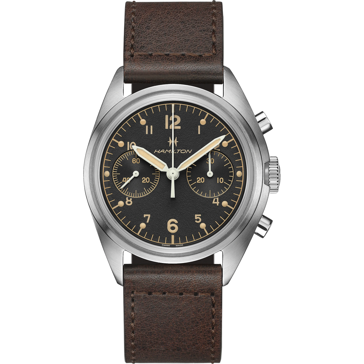 Hamilton Khaki Pilot Aviation Pioneer Mechanical Chronograph Black Di Hemsleys Jewellers