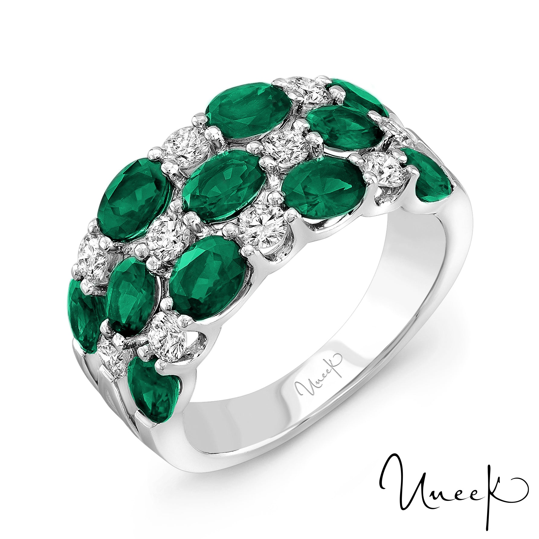 Uneek 18K Oval-Shape Emerald Set East/West & Round Diamond Right Hand Ring