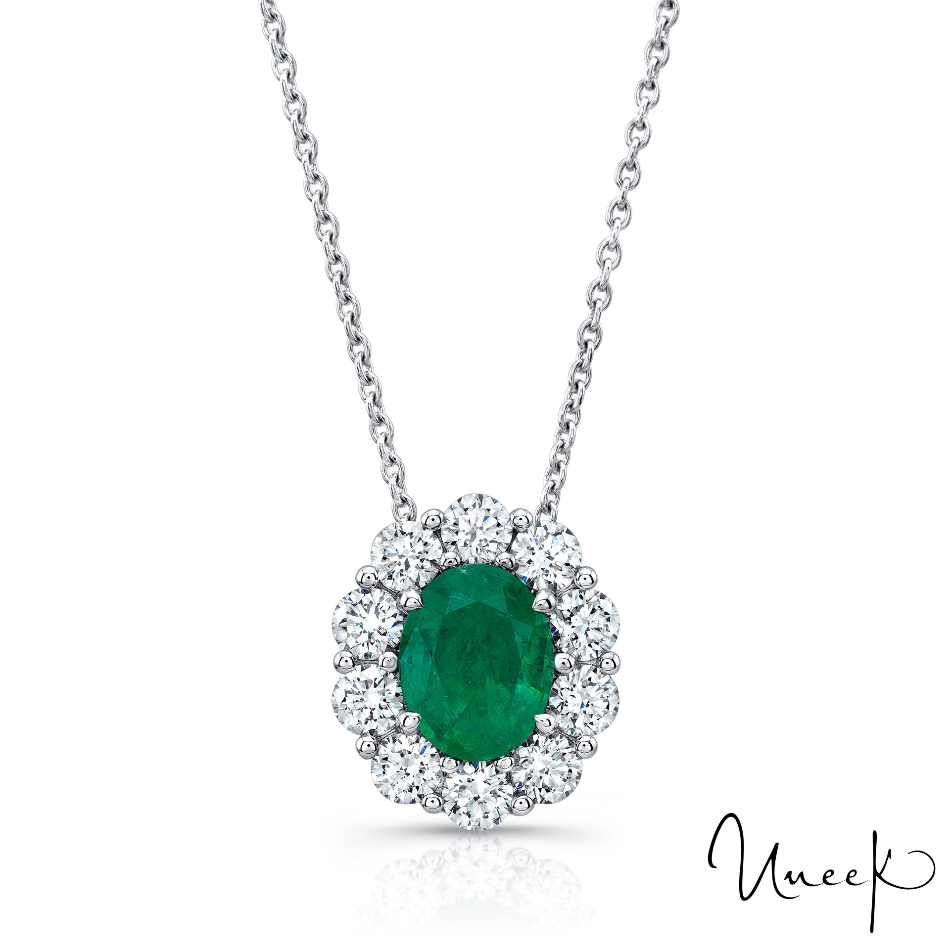Uneek 18K Pendentif Halo Ovale Emeraude Verte et Diamant