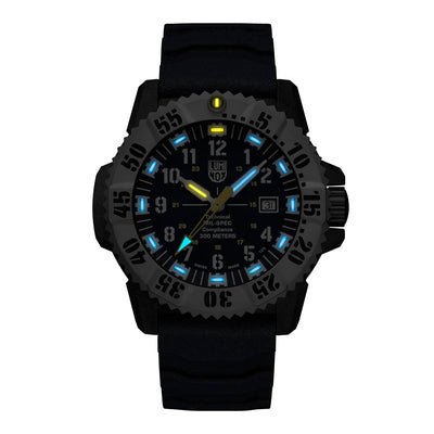 Black watch with blue and yellow glowing hands on a white background