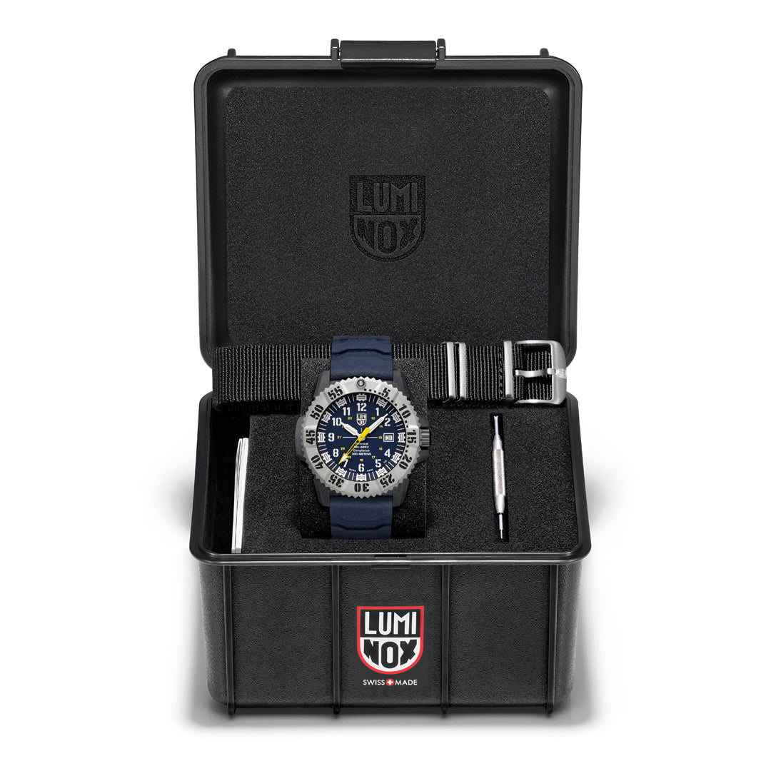Luminox watch in a black display case on a white background