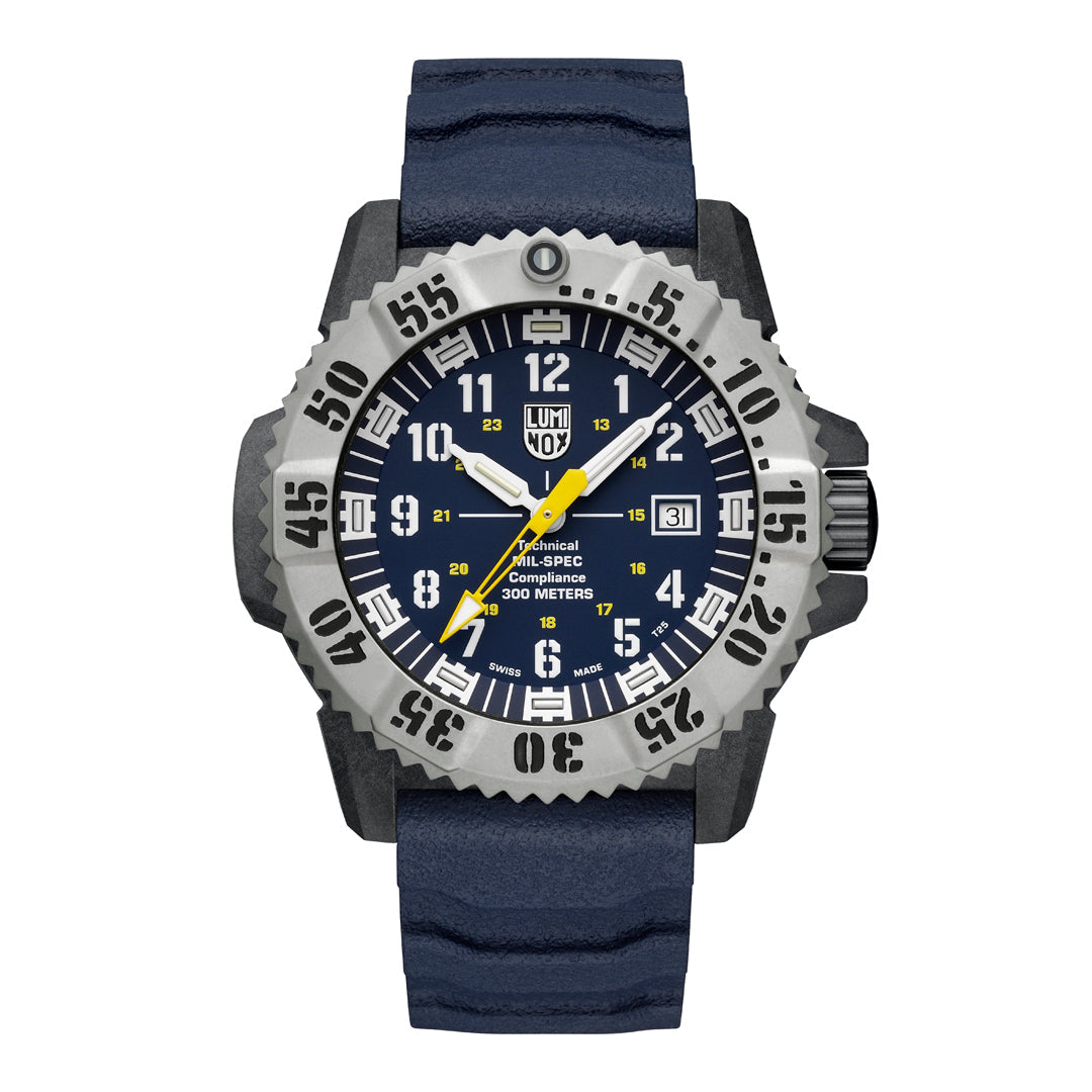 Blue watch with a detailed face on a white background