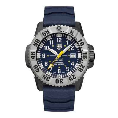 Blue watch with a detailed face on a white background