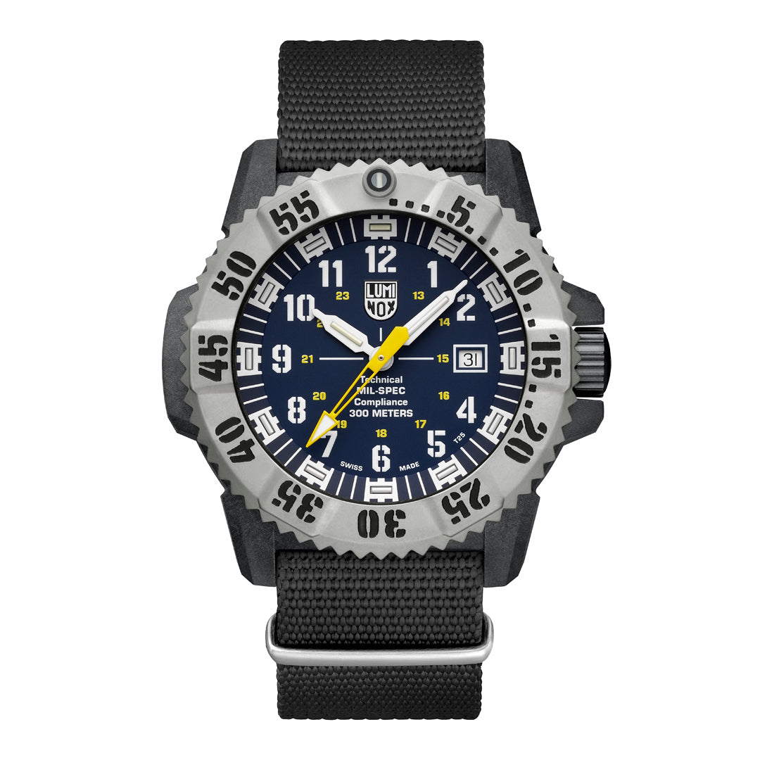 Watch with black strap and blue dial on a white background