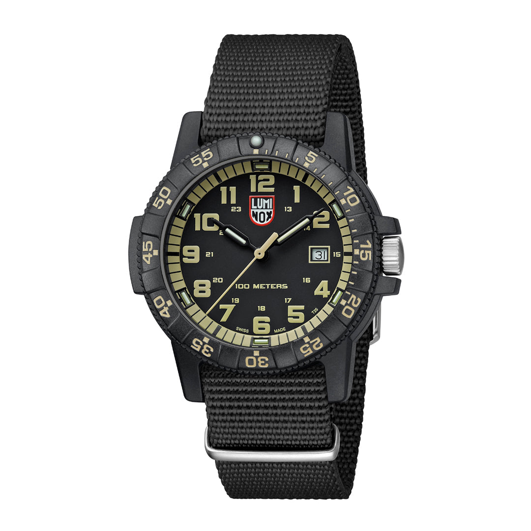 Black Luminox wristwatch with a detailed face on a white background