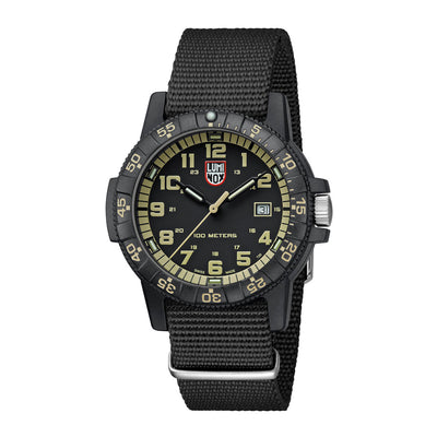Black Luminox wristwatch with a detailed face on a white background