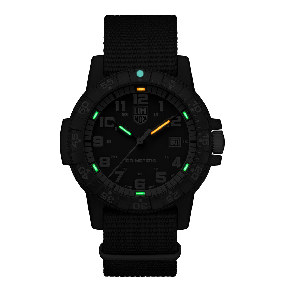 Black watch with glowing green and orange accents on a white background