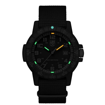 Black watch with glowing green and orange accents on a white background