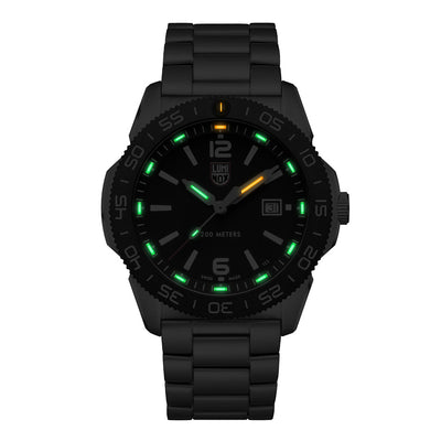 Black watch with green glowing face on a white background