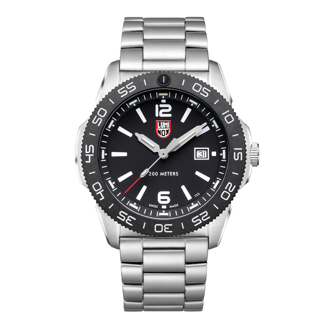 Silver watch with black dial on a white background