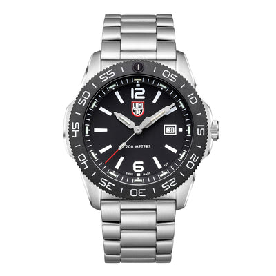 Silver watch with black dial on a white background