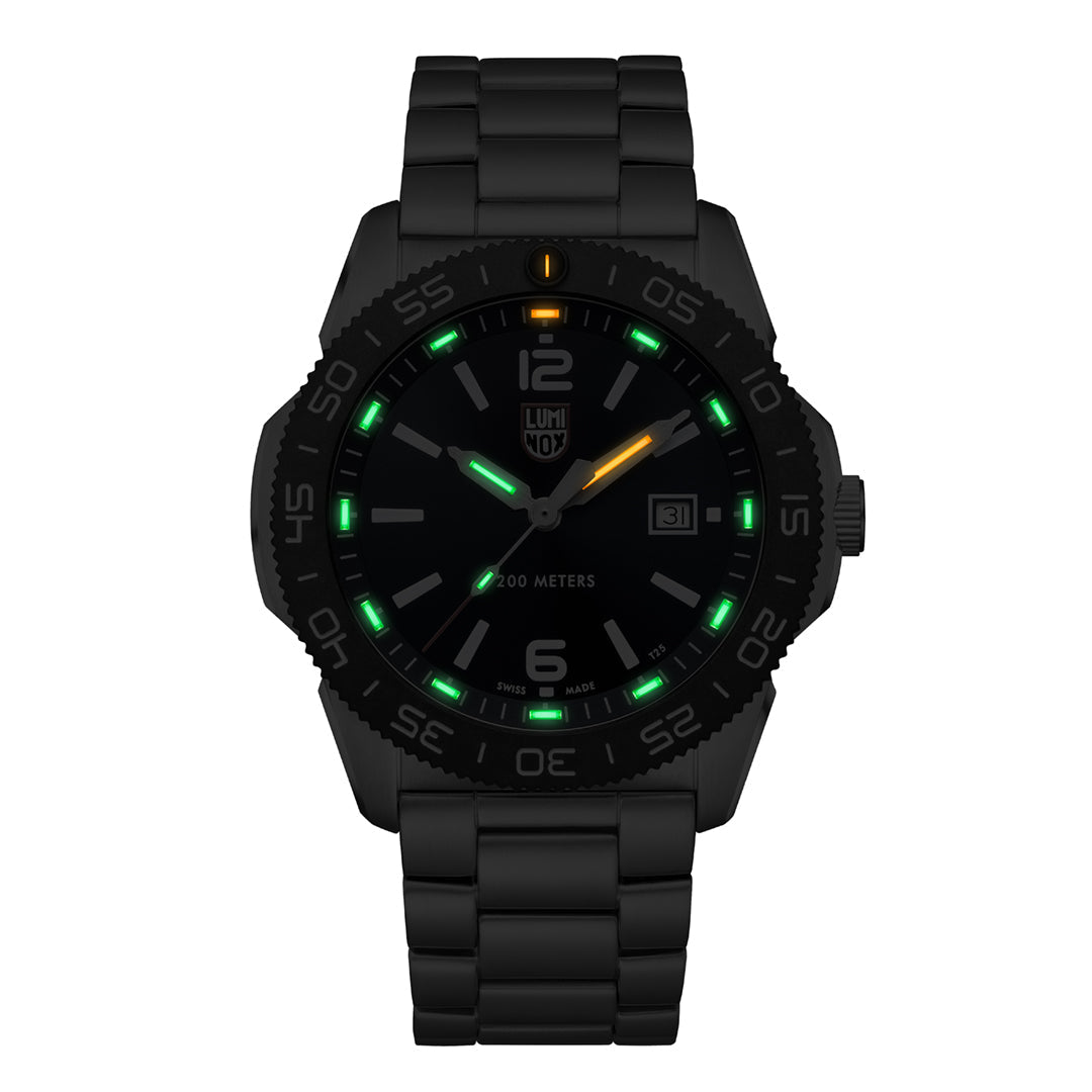 Black watch with green glowing hands and markers on a white background