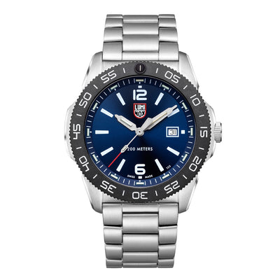 Silver watch with a blue dial on a white background