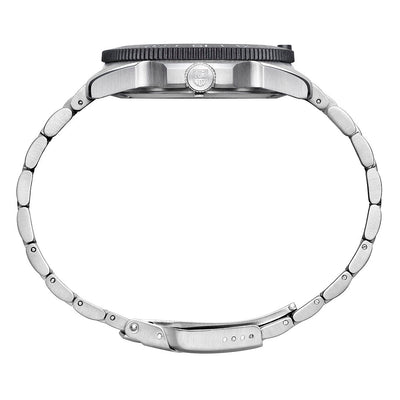 Close-up of a silver watch band on a white background