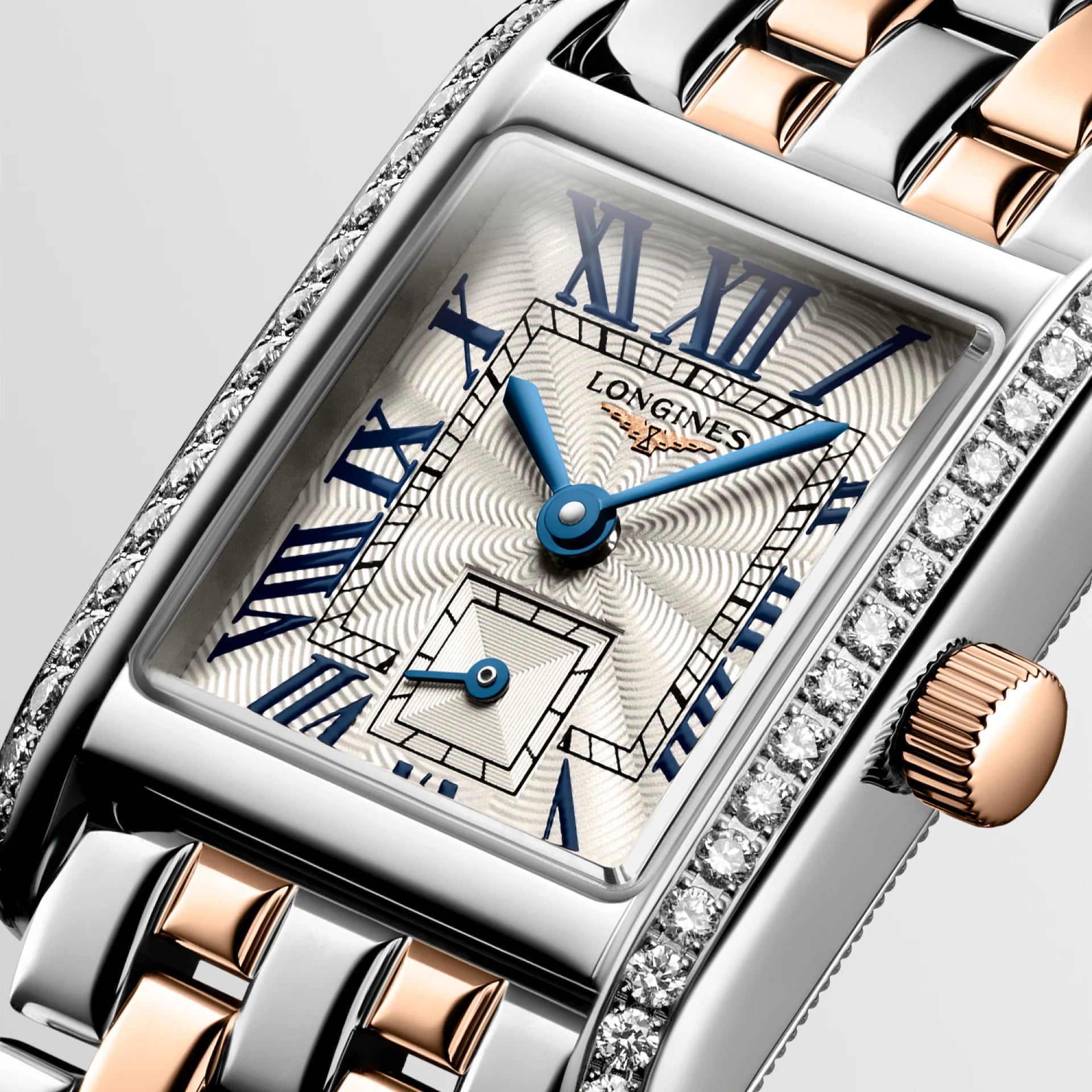 Longines Mini Dolcevita Quartz (Silver Dial / 21.5mm x 29mm / Two-Tone Rose Gold / Diamond Bezel)