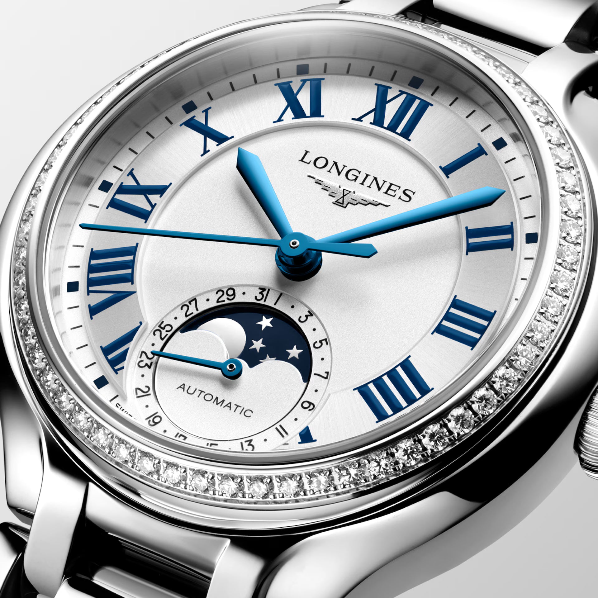 Longines Primaluna Moonphase Automatic (Silver Dial / 34mm / Diamond Bezel)