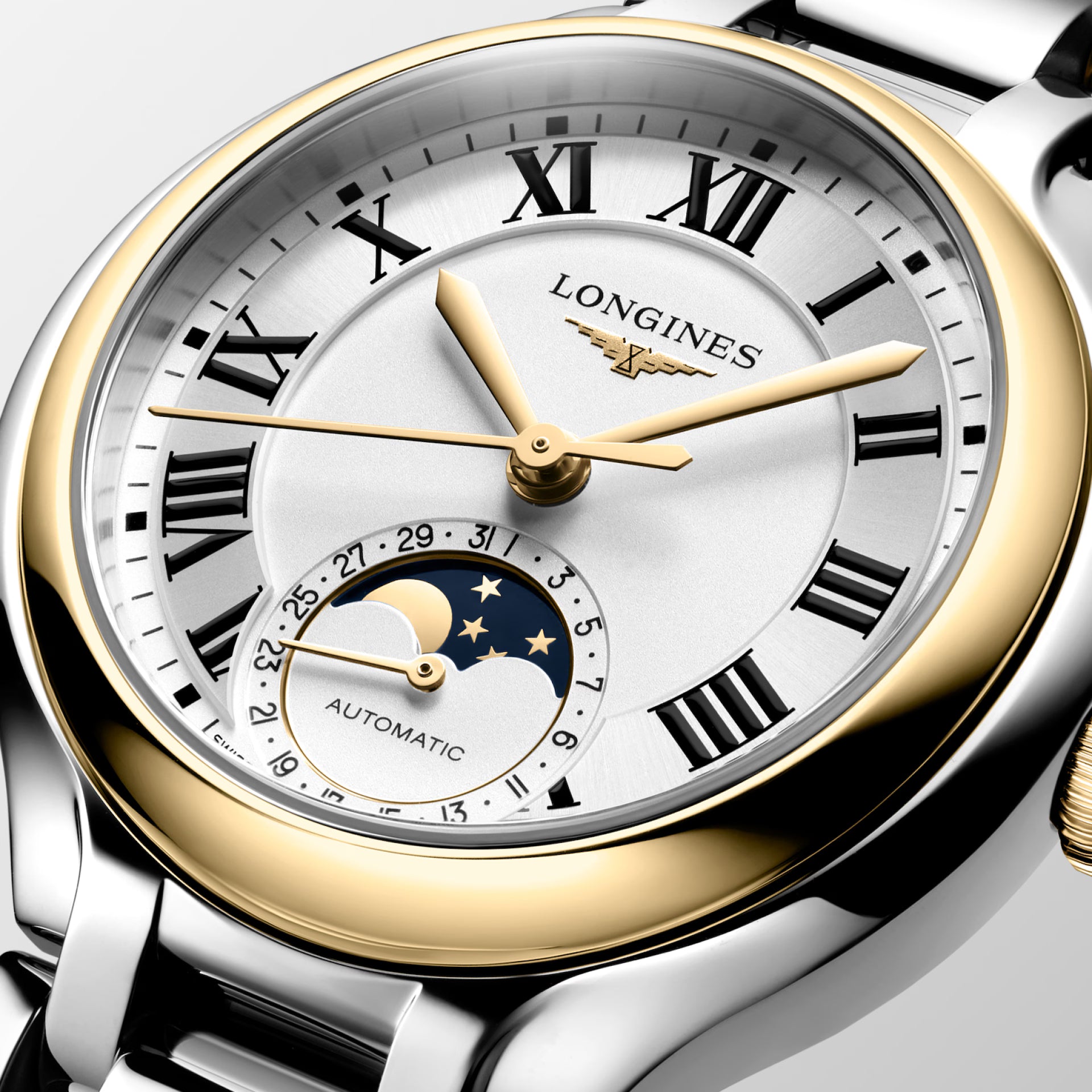 Longines Primaluna Moonphase Automatic (Silver Dial / 34mm / Two-Tone Yellow Gold)