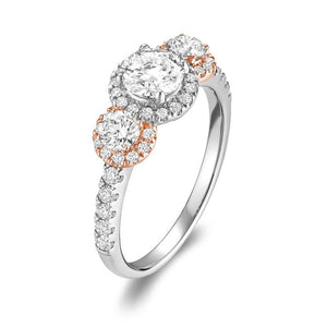 Hemsleys Collection 14K Round Diamond Three Stone Halo Engagement Ring With Diamond Shank