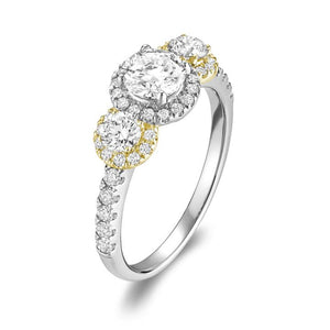 Hemsleys Collection 14K Round Diamond Three Stone Halo Engagement Ring With Diamond Shank
