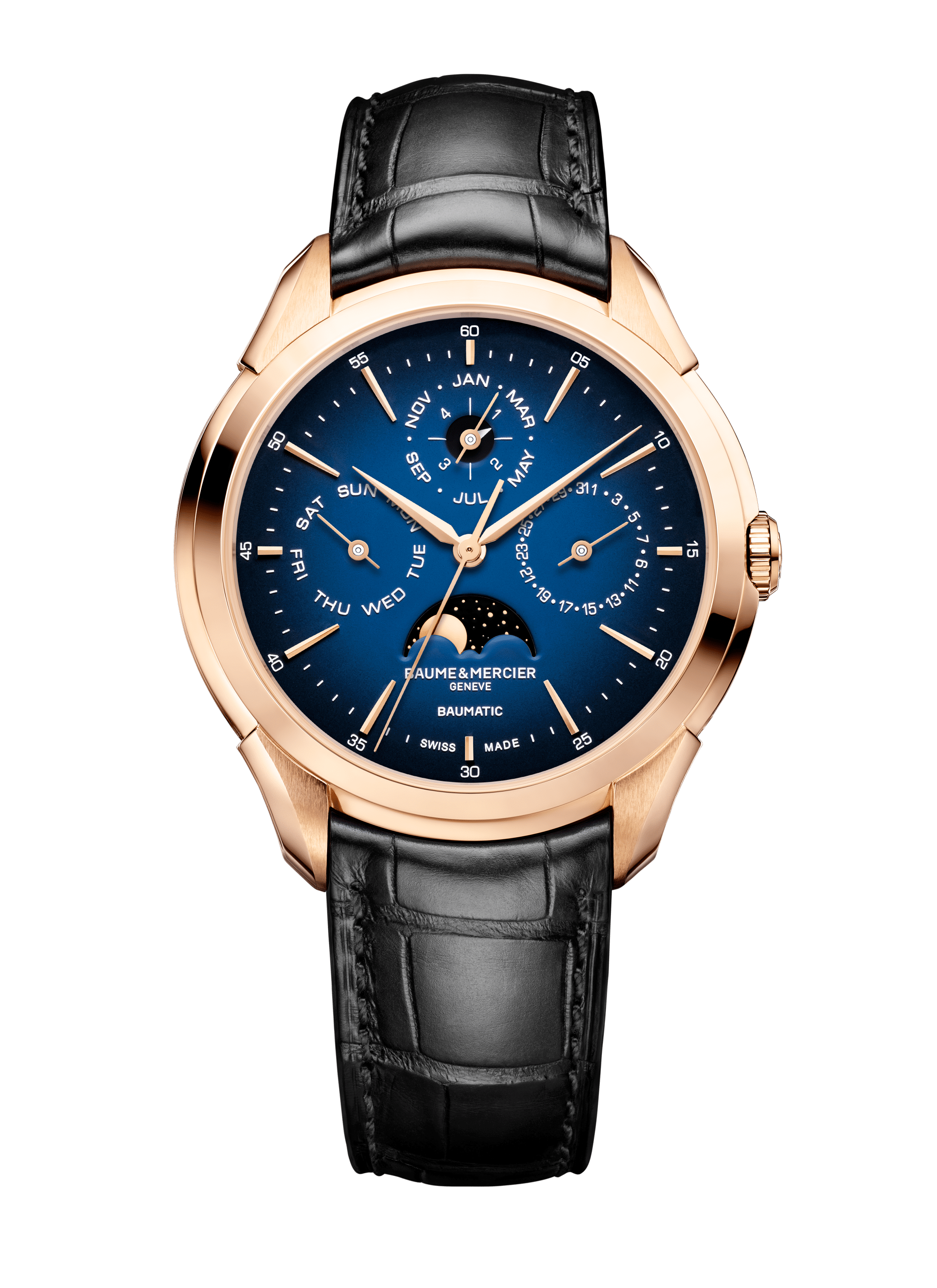 Baume Et Mercier Clifton Baumatic Perpetual Calendar 18K Rose Gold Automatic Blue Dial 42mm