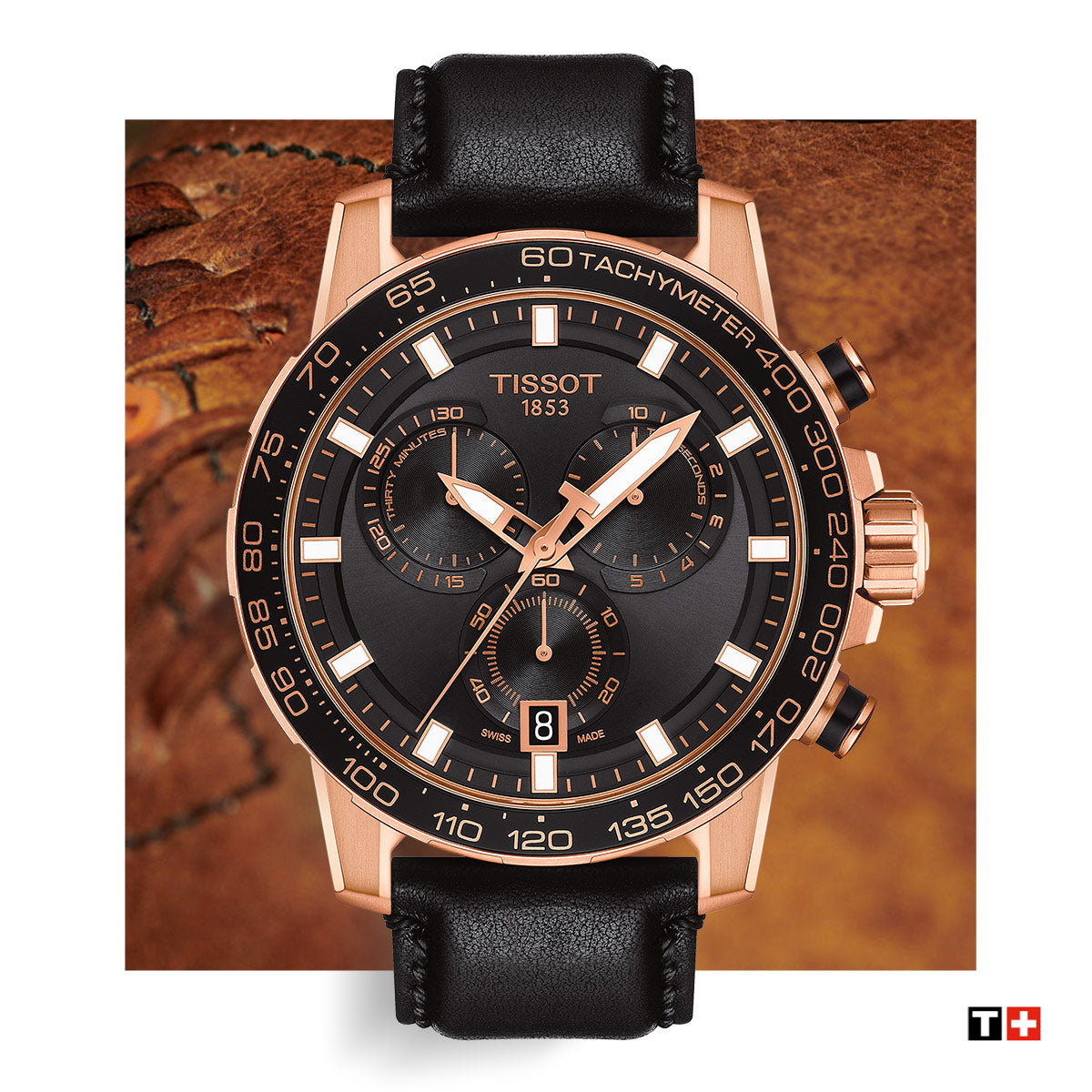 Chronographe à quartz Tissot Supersport (cadran noir / 45,5 mm / PVD or rose)