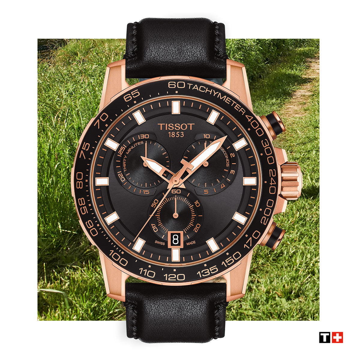 Chronographe à quartz Tissot Supersport (cadran noir / 45,5 mm / PVD or rose)
