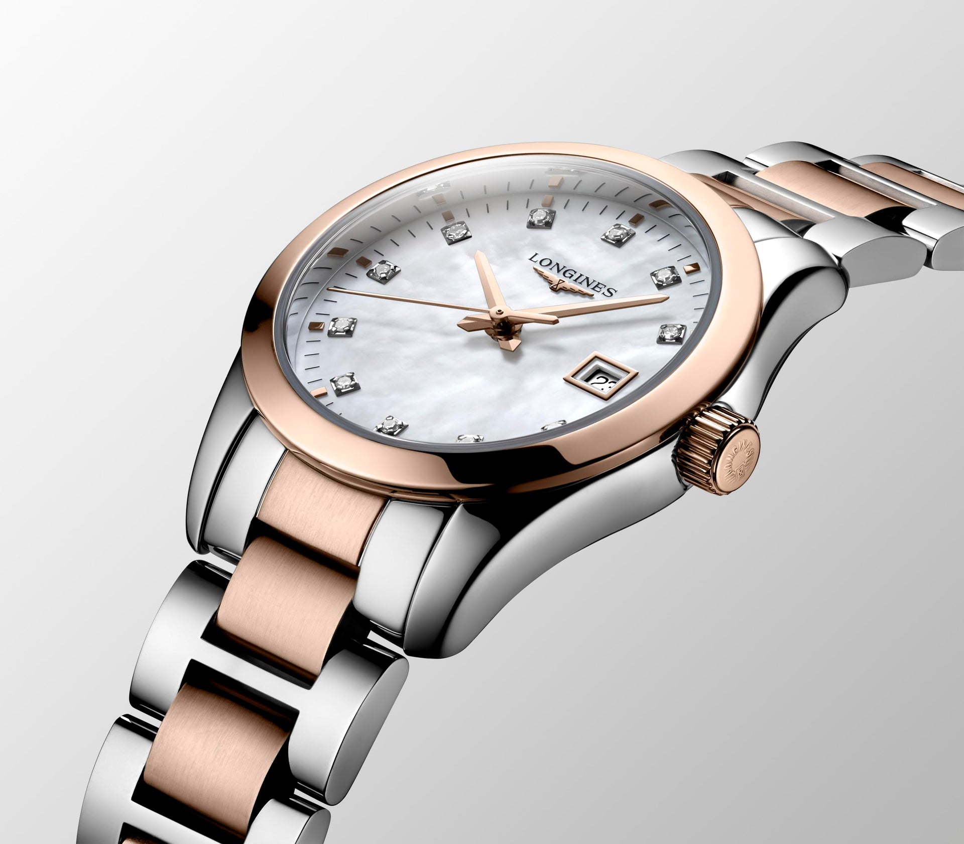 Longines Conquest Classic Quartz (White MOP Dial / 29mm / Two-Tone Rose)