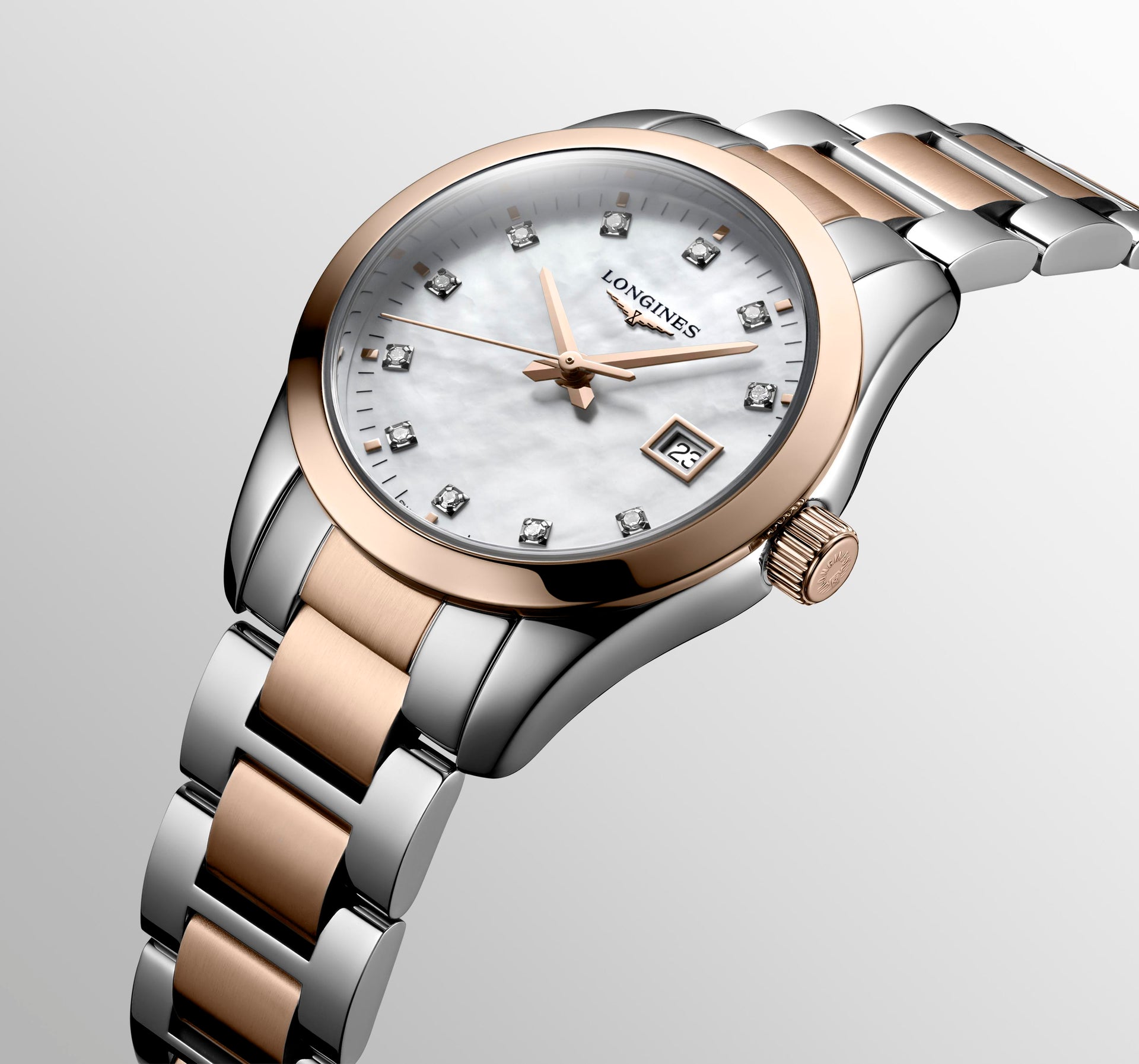 Longines Conquest Classic Quartz (White MOP Dial / 29mm / Two-Tone Rose)