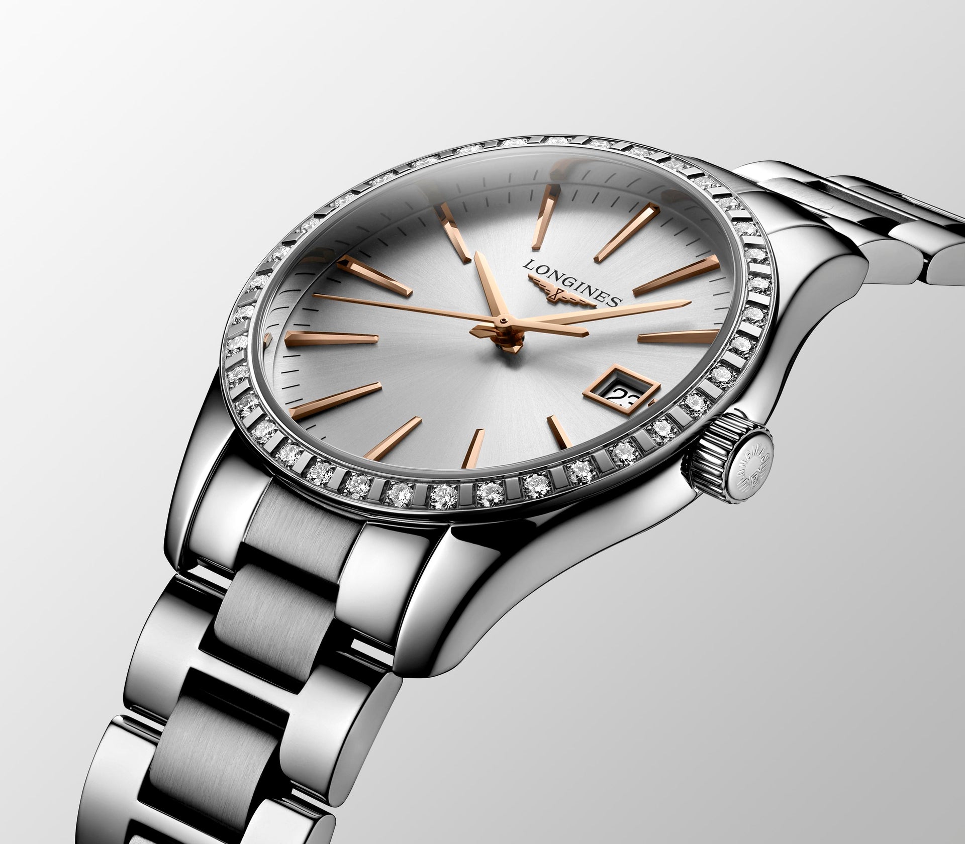 Longines Conquest Classic Quartz (cadran argenté / 34 mm / lunette en diamant)