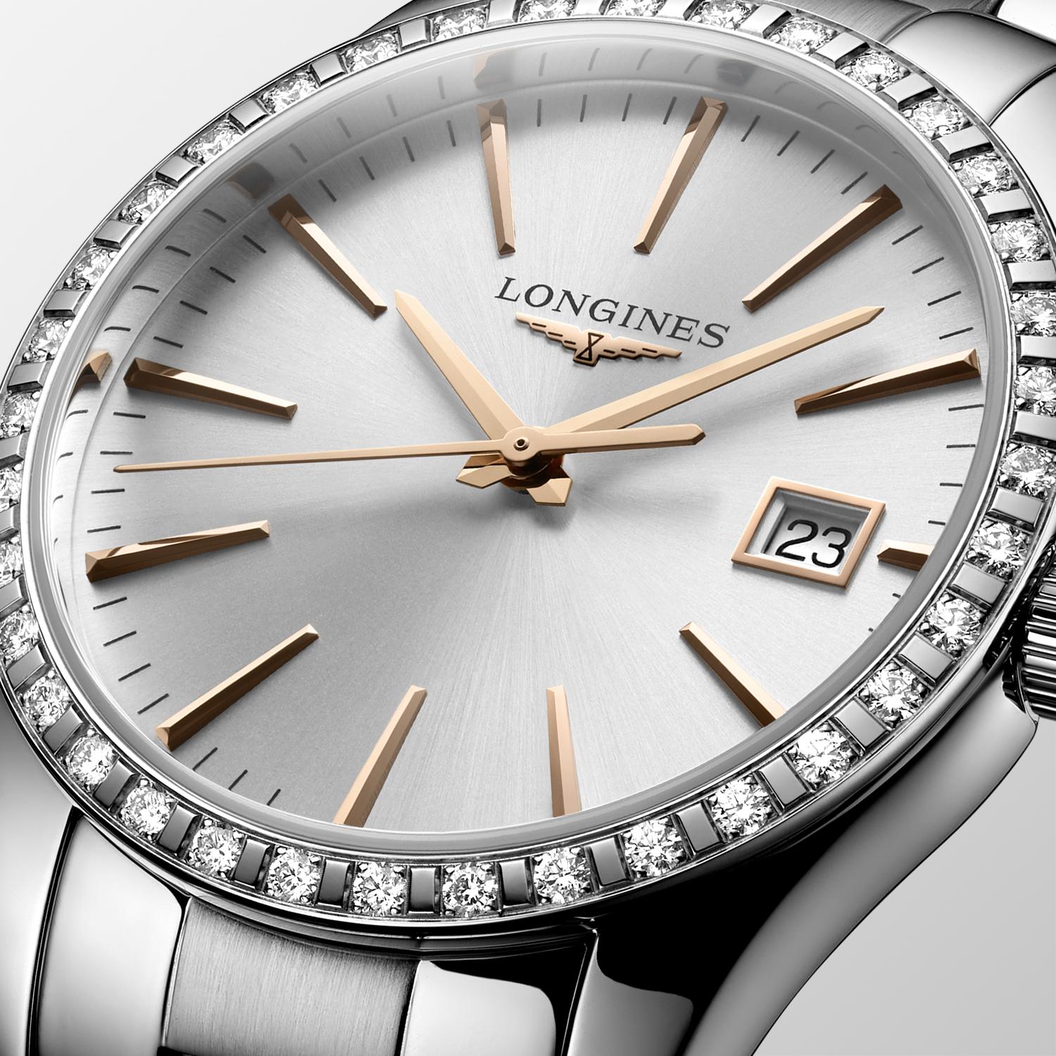 Longines Conquest Classic Quartz (cadran argenté / 34 mm / lunette en diamant)