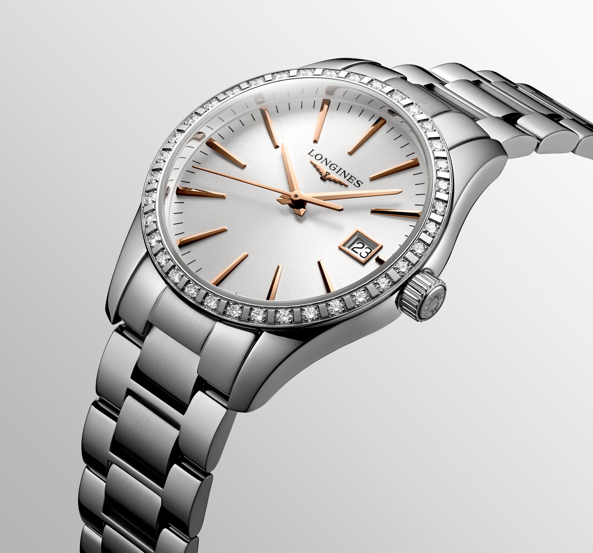 Longines Conquest Classic Quartz (cadran argenté / 34 mm / lunette en diamant)