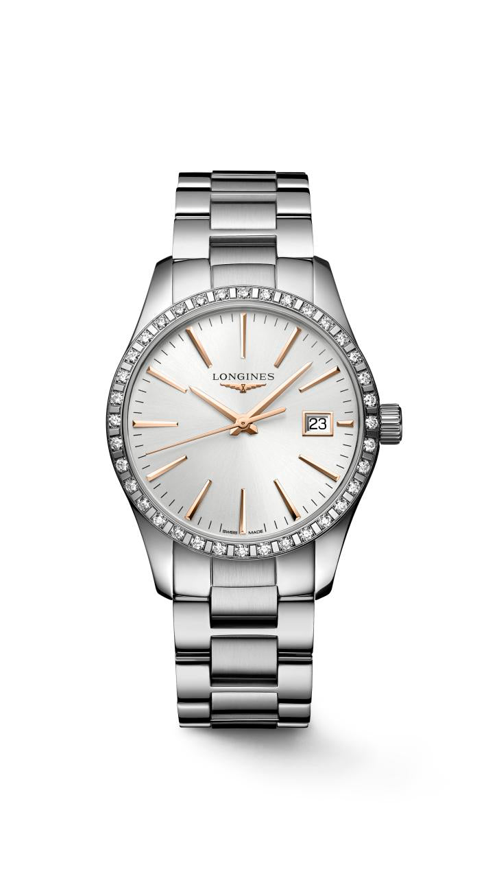 Longines Conquest Classic Quartz (cadran argenté / 34 mm / lunette en diamant)