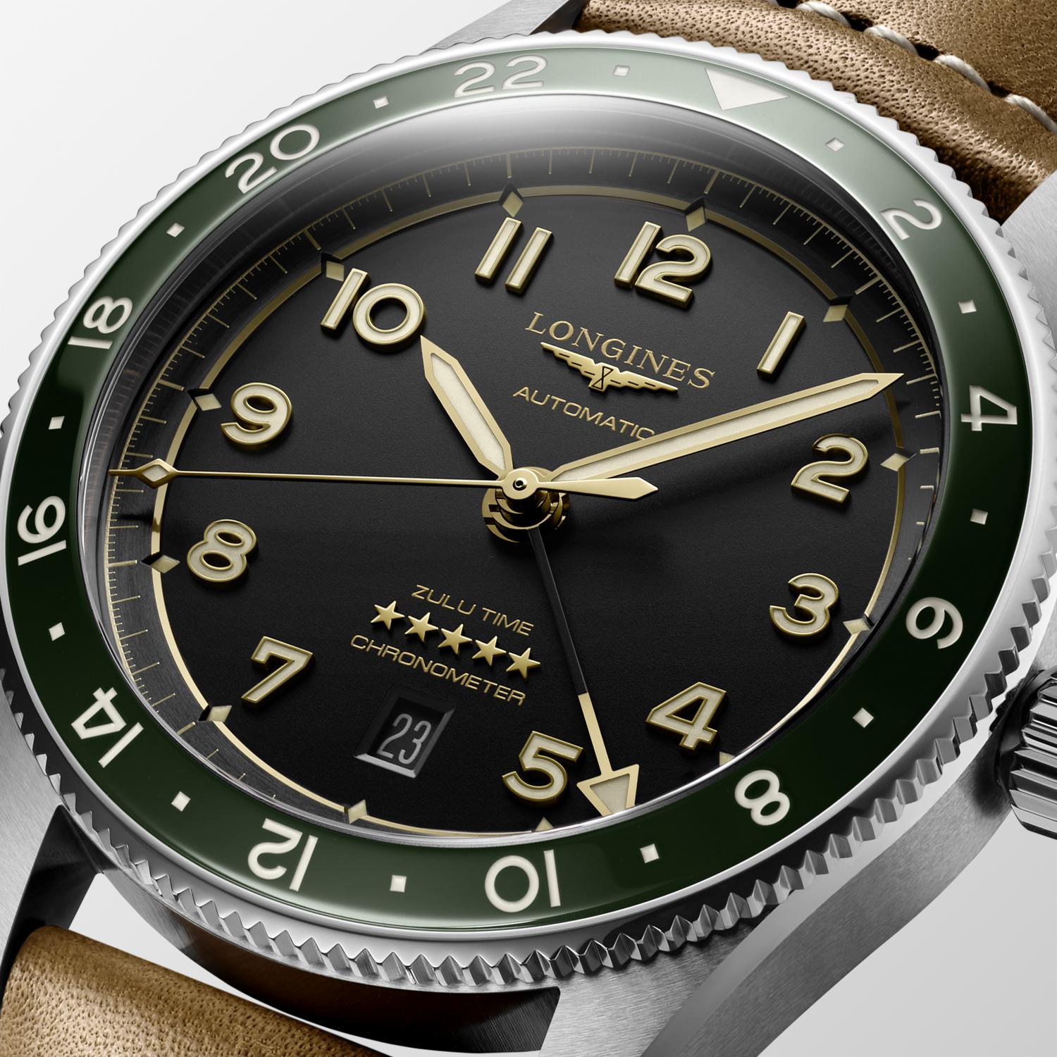 Longines Spirit Zulu Time Automatic (Black Dial / 42mm / Green Bezel)