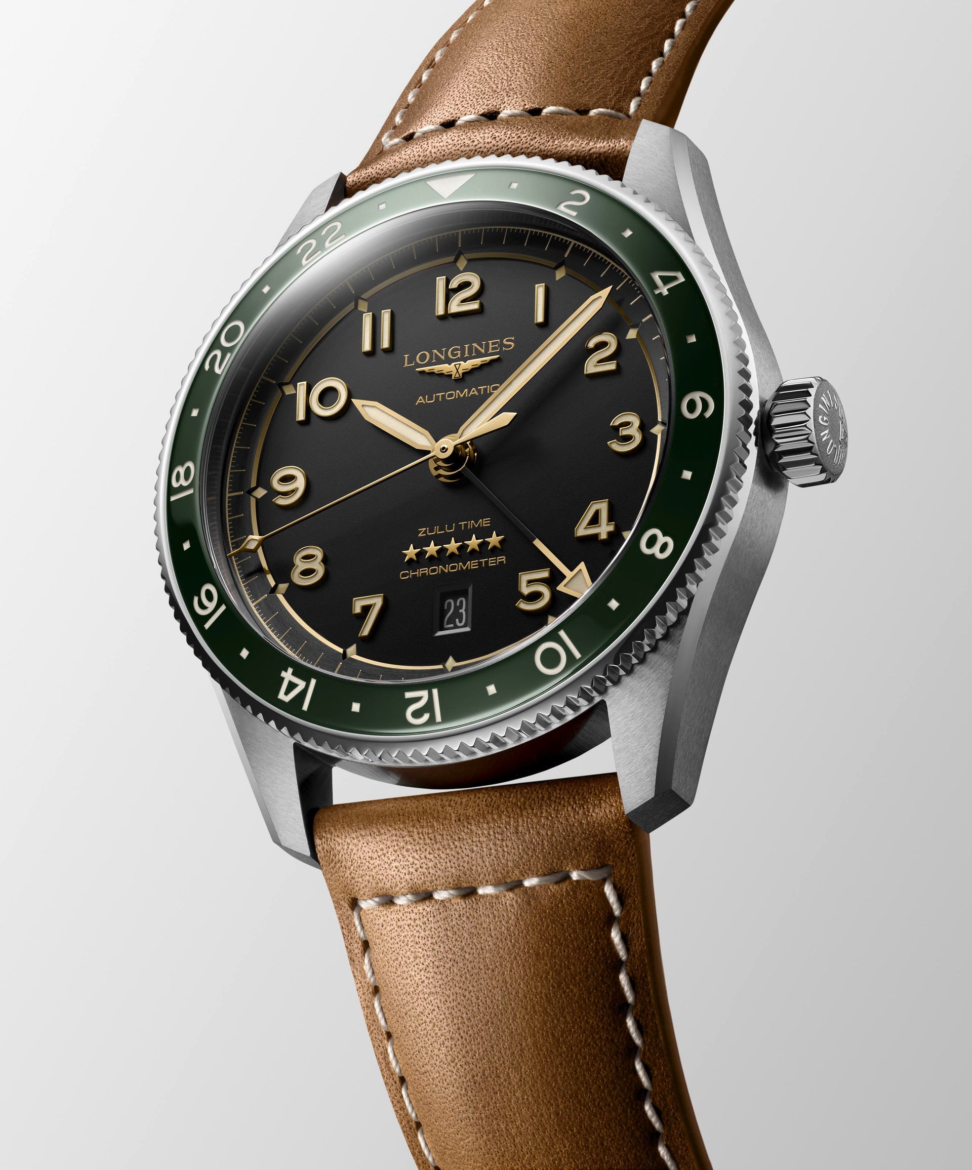 Longines Spirit Zulu Time Automatic (Black Dial / 42mm / Green Bezel)