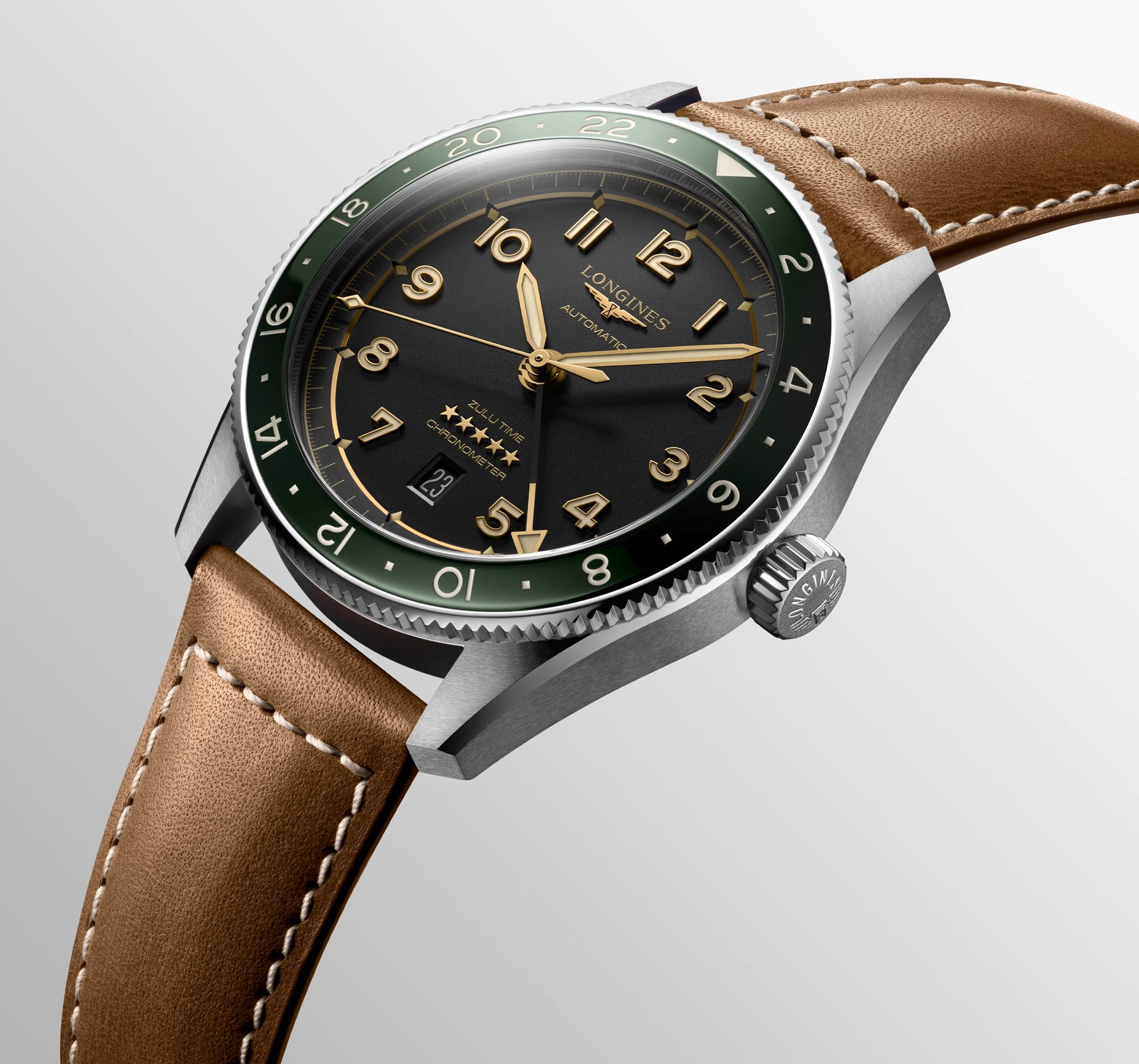 Longines Spirit Zulu Time Automatic (Black Dial / 42mm / Green Bezel)