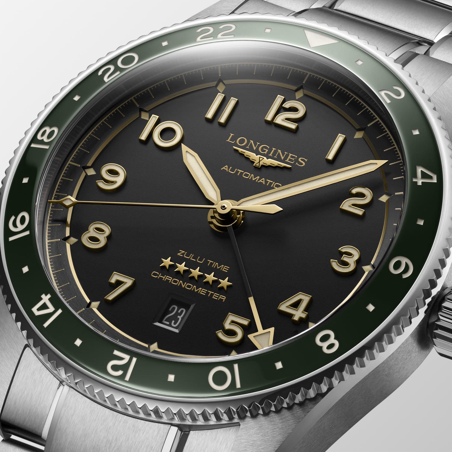 Longines Spirit Zulu Time Automatic (Black Dial / 42mm / Green Bezel)