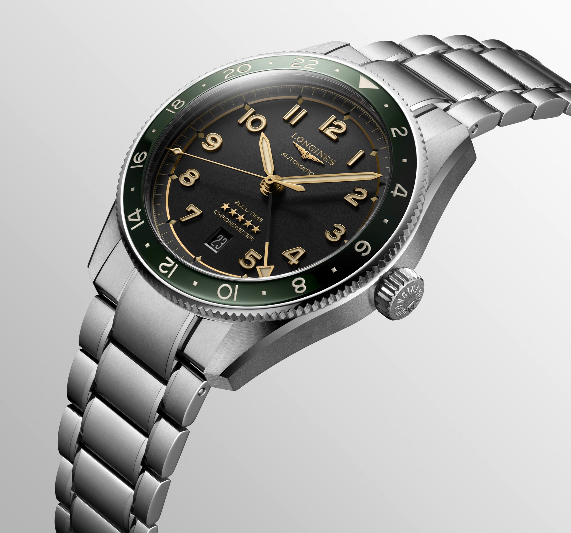 Longines Spirit Zulu Time Automatic (Black Dial / 42mm / Green Bezel)