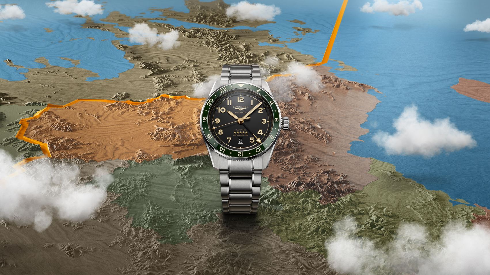 Longines Spirit Zulu Time Automatic (Black Dial / 42mm / Green Bezel)