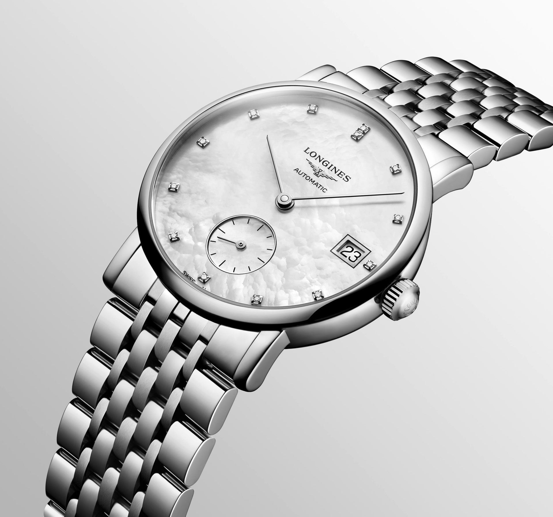 Longines Elegant Automatic (White MOP Dial / 34mm / Diamond Index)