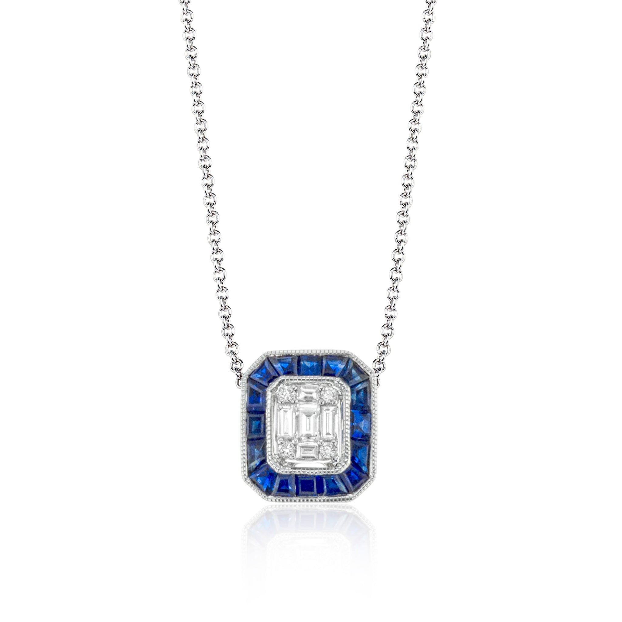 Simon G 18K White Gold Illusion Set Blue Sapphire Baguette & Round Diamond Necklace