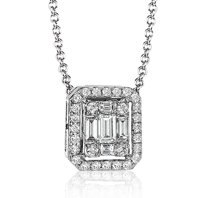 Simon G 18K White Gold Illusion Set Baguette & Round Diamond Necklace