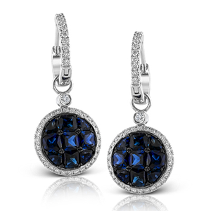 Simon G 18K White Gold Illusion Set Blue Sapphire & Diamond Halo Drop Earrings