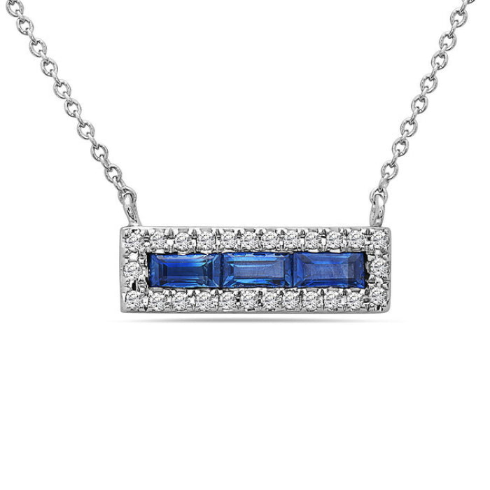 Hemsleys Collection 14K Baguette Cut Blue Sapphire & Diamond Halo Bar Necklace