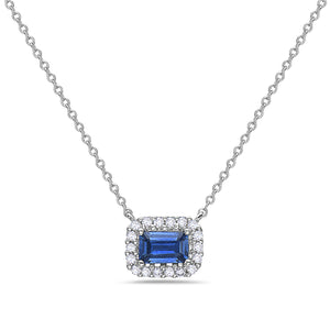Hemsleys Collection 14K East West Emerald Cut Blue Sapphire & Diamond Halo Necklace