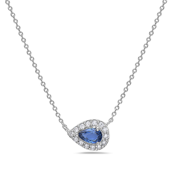 Hemsleys Collection 14K East West Pear Shape Blue Sapphire & Diamond Halo Necklace