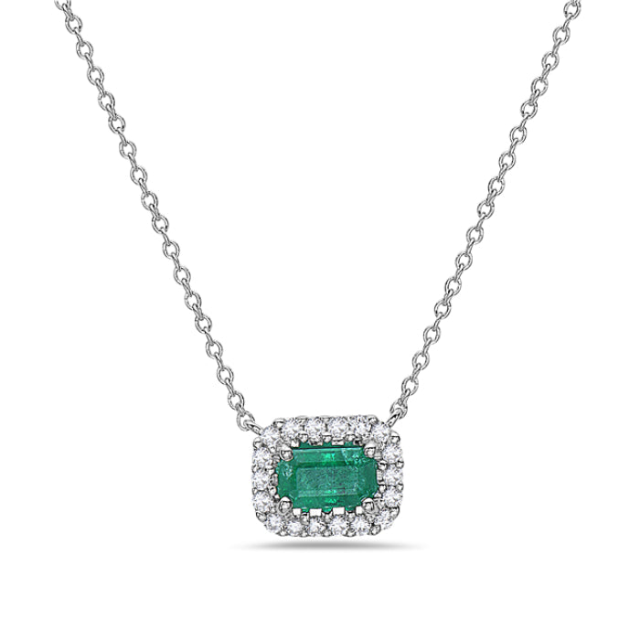 Hemsleys Collection 14K East West Emerald Cut Emerald & Diamond Halo Necklace