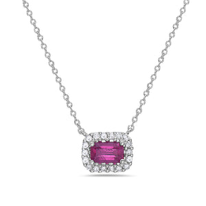 Hemsleys Collection 14K East West Emerald Cut Ruby & Diamond Halo Necklace