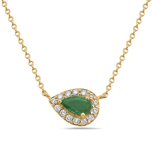 Hemsleys Collection 14K East West Pear Shape Emerald & Diamond Halo Necklace