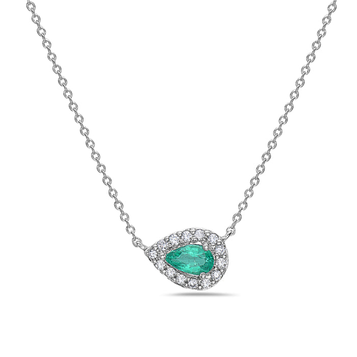 Hemsleys Collection 14K East West Pear Shape Emerald & Diamond Halo Necklace