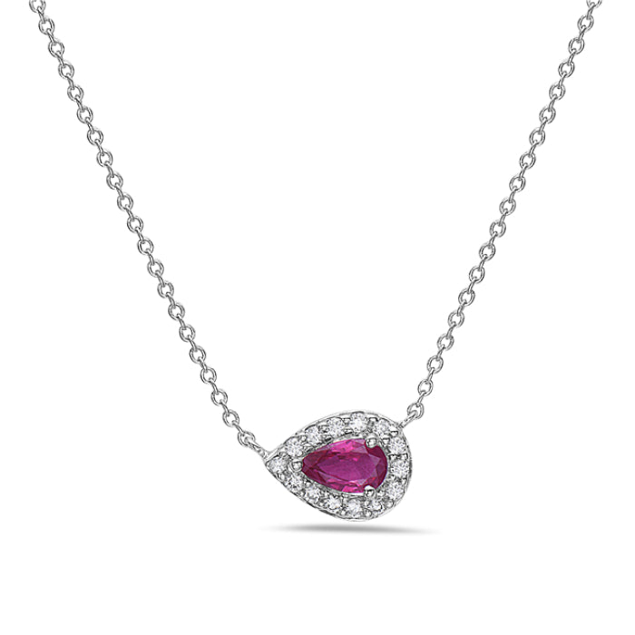 Hemsleys Collection 14K East West Pear Shape Ruby & Diamond Halo Necklace